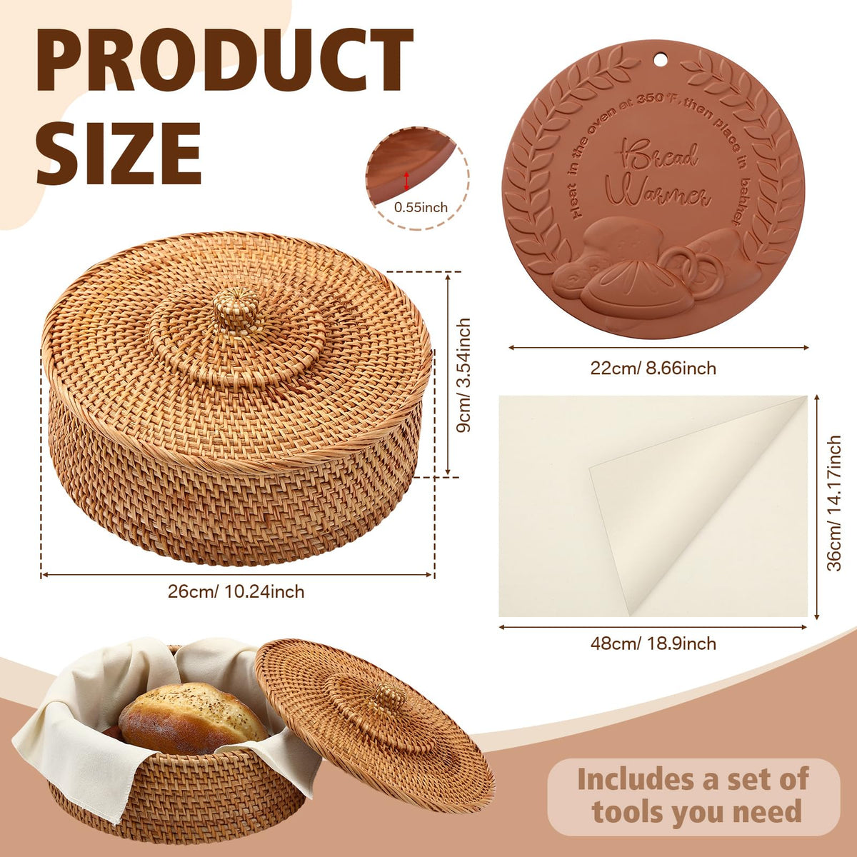 LemonRoad Bread Basket Set with Warmer Stone and Towel, 12 Inch, Terracotta