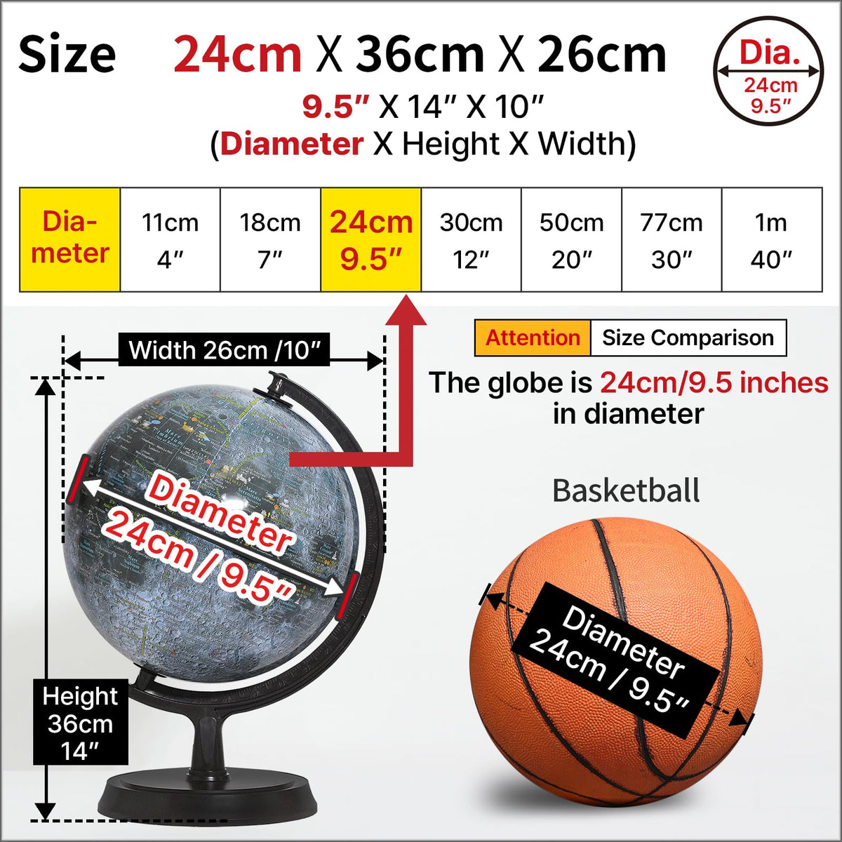 Explorer Gray Moon/Red Mars 2 Globe Set by Mapsoft – 21.3"D x 13.4"H x 11.4"W, Plastic (ABS), Moon Globe - Gray / Mars Globe - Red, Pack of 2, Model 2MR-24