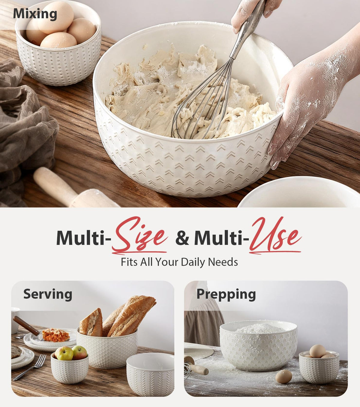 Lareina Ceramic Mixing Bowl Set, 4 Piece, Ivory White