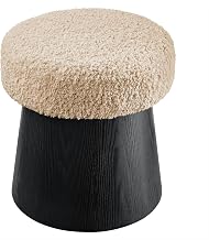 Modway Ketra Round Mushroom Footstool Ottoman in Oatmeal Black – Small Faux Shearling Upholstered Accent Stool with Conical Wood Grain Base