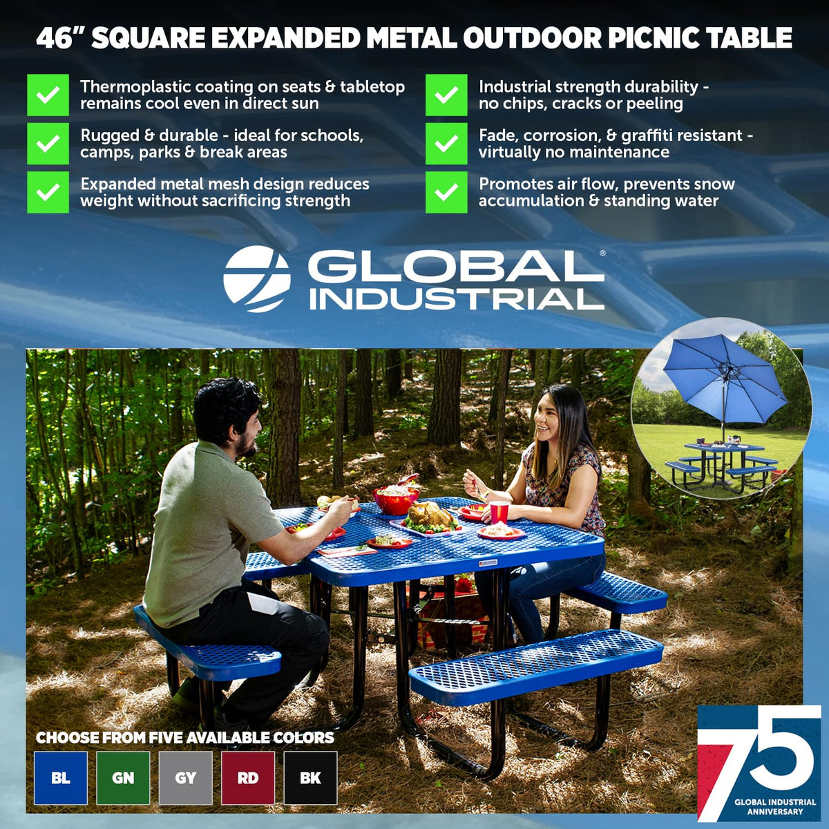 Global Industrial Blue / 81D x 81W x 29.5H in / Industrial Picnic Tables
