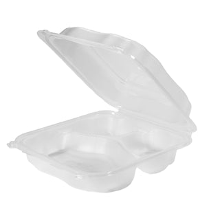Genpak Clover Extra Large 9" Three-Compartment Hinged Take-Out Container | Microwave Safe, BPA Free | Made in The USA | Case 