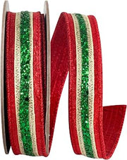 Reliant Ribbon Ribbon - Glitter Stripe Fiesta Deluxe Wired Edge, Red/Green, 1 Inch, 5 Yards