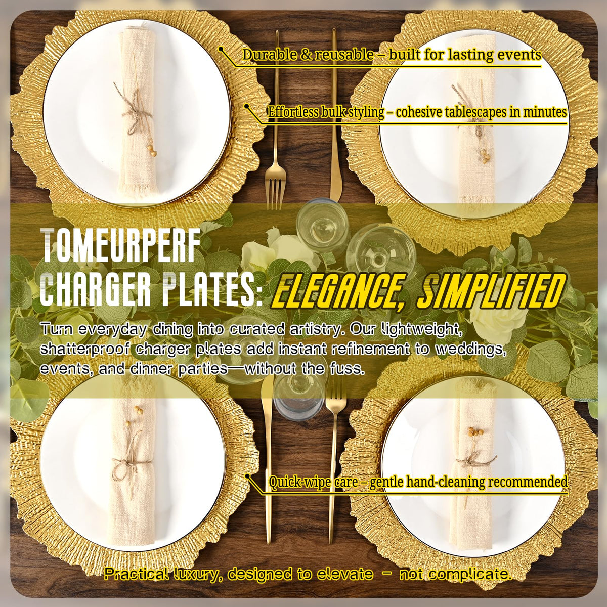Tomeurperf Charger Plates, Plastic 13 Inch, Gold 100 Pack