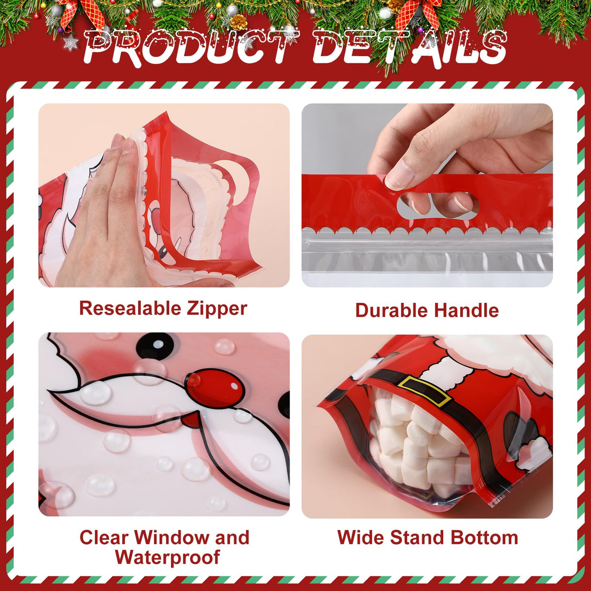 Epakh Christmas Zipper Bags, Resealable Treat Bags with Handles, Santa Claus, Pack of 100