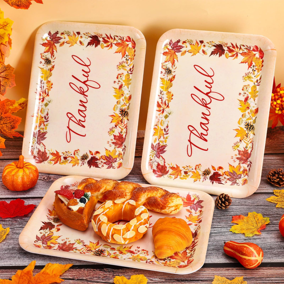 JarThenaAMCS Serving Trays, Set of 3 Melamine Platters, Watercolor Autumn Maple Leaves