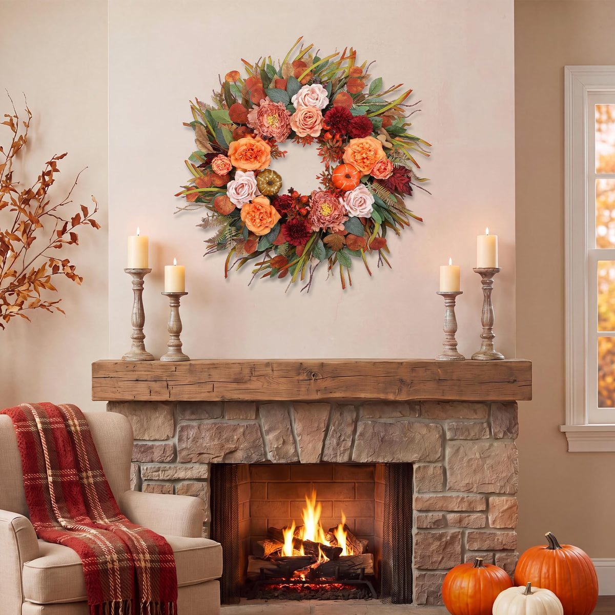Hey Beky Autumn Wreath, 26 Inch Diameter, Pink Harvest