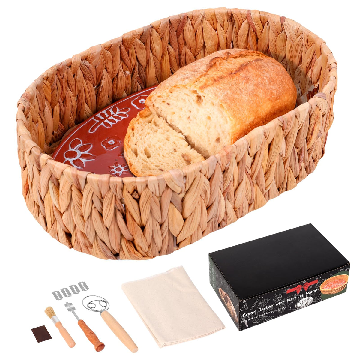 Zamqiu Bread Warmer Basket with Terracotta Stone, Large Oval, Natural