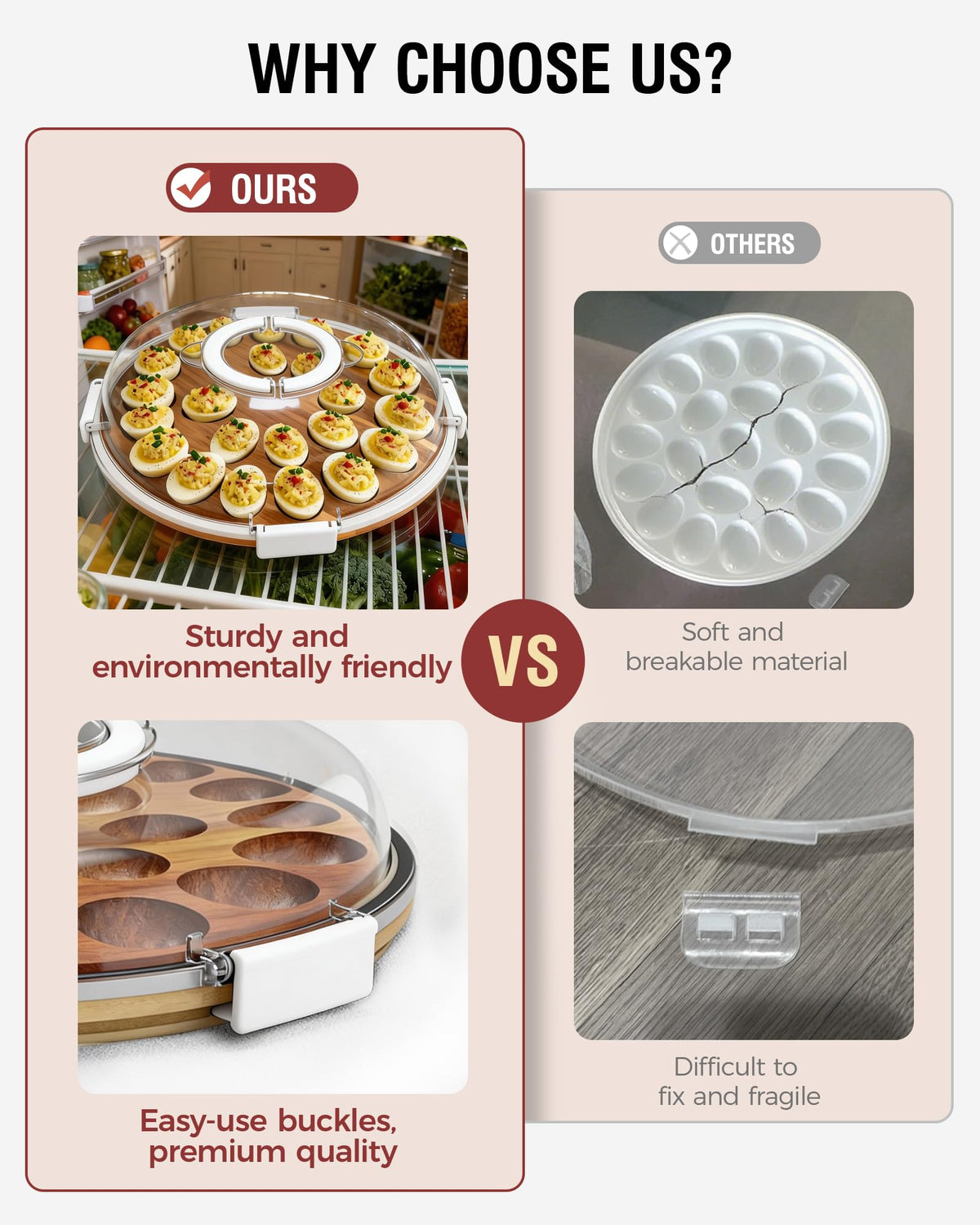 Renmxj Deviled Egg Tray with Lid, Acacia Wood Base, 24 Slots, White