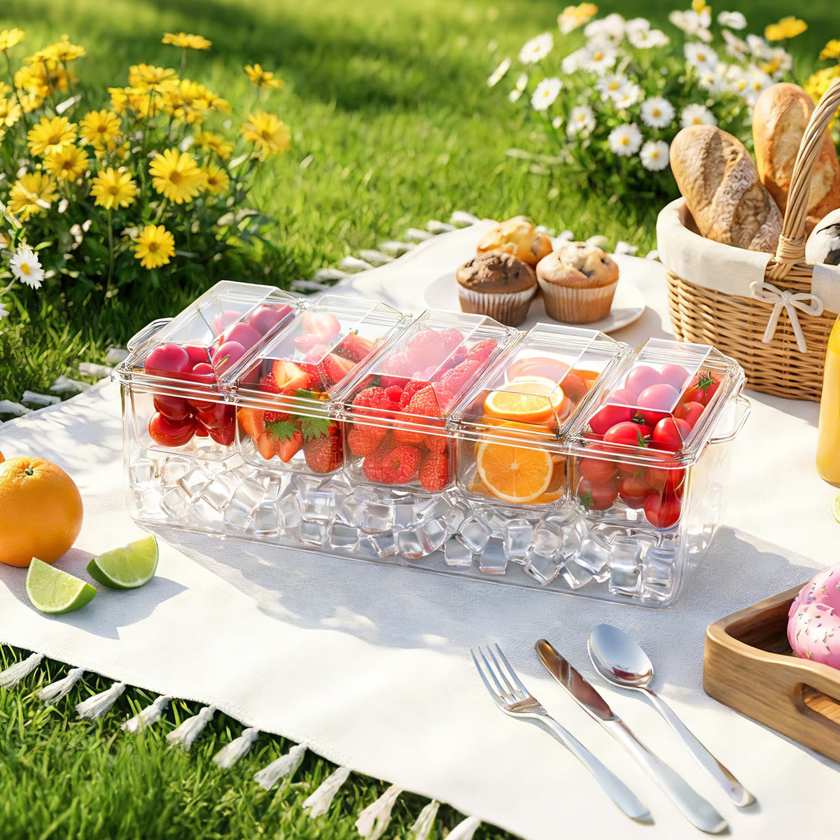 ARSTPEOE Condiment Server, Chilled Ice Base, 8 Compartments, Clear