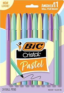 BIC Cristal Pastel Ballpoint Pens, Black Ink, 24-Count Pack, Colored