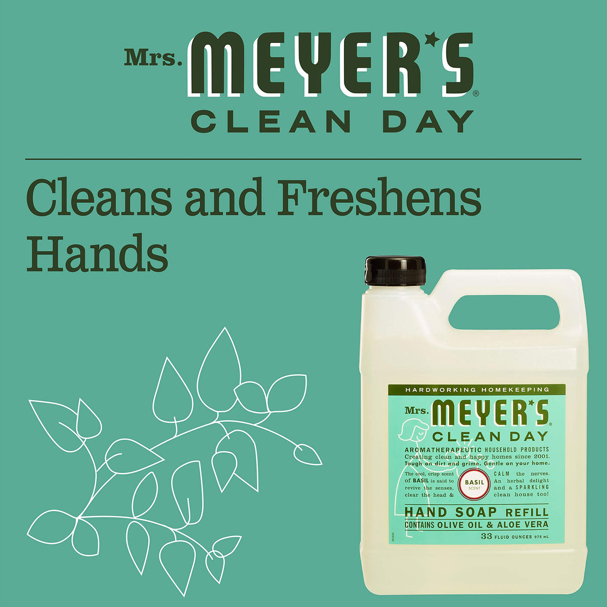 Basil Scent Liquid Hand Soap Refill Bottle by Mrs. MEYER'S – 33 Fl Oz, Pack of 6, Model 808124141636