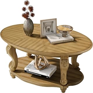 42" Classical Wooden Coffee Table, Round Coffee Table with Storage Shelf, Mesa De Centro para Sala with Stable Structure for Living Room, Antique Natural