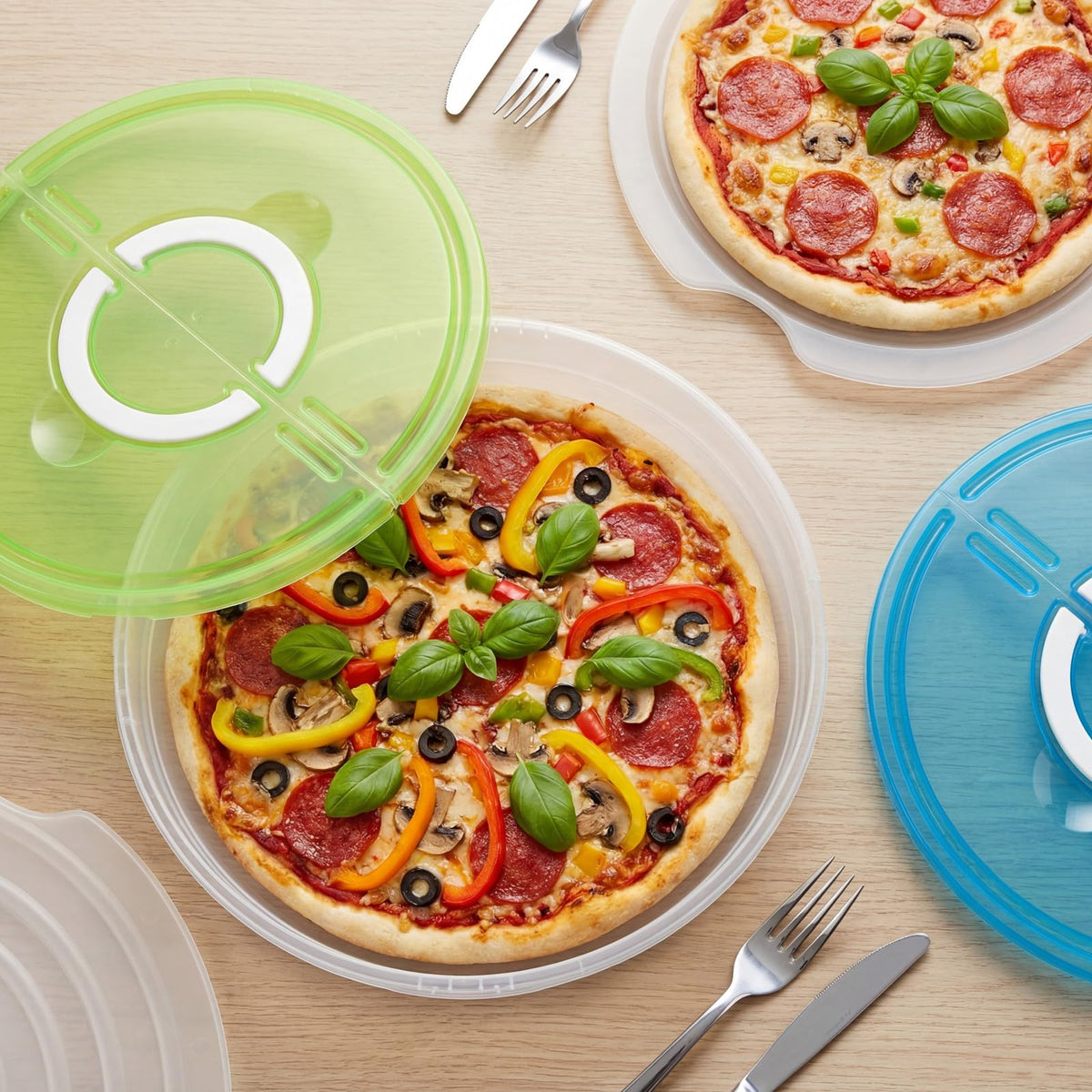 LemonRoad Dual Compartment Food Carrier, 12 Inch Diameter, Green and Blue Lids