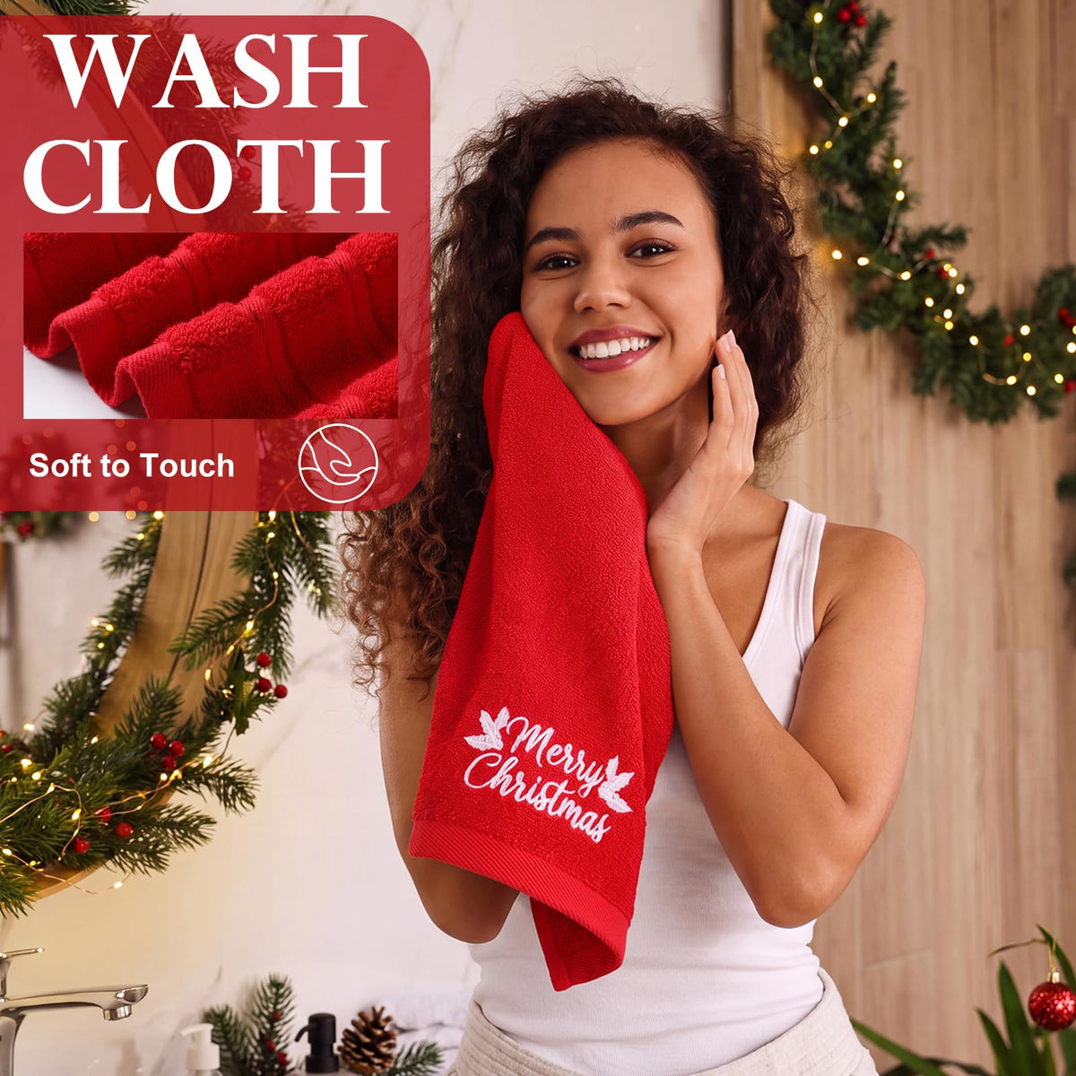 Hahafelt Cotton Bath Towel Set, 3 Piece, Red Christmas
