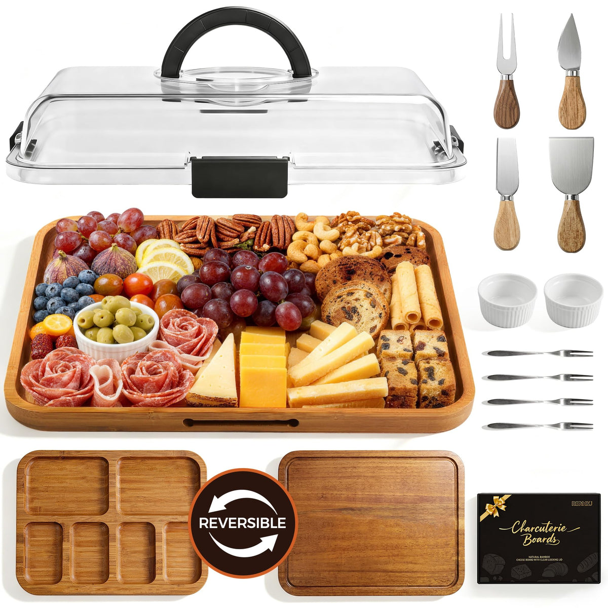 Renmxj Serving Board with Cover, Carbonized Bamboo, 6 Compartments, Black