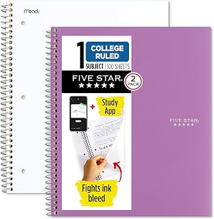 Five Star Spiral Notebook + Study App, 1 Subject, College Ruled Paper, 8-1/2" x 11", 100 Sheets, White & Amethyst Purple, 2 Pack (820186)