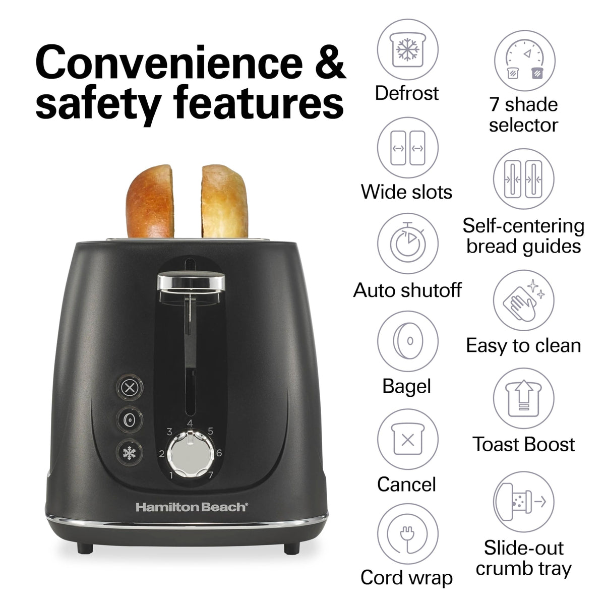 2 Slice Toaster With Bagel by Hamilton Beach – 2 Slice, Plastic, Black, Model 22915