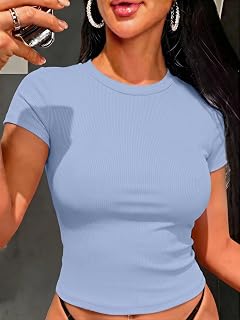 Womens Ribbed Knit Crewneck Crop Tops Basic Slim Fit T Shirts Half Sleeve 2026 Summer Trendy Y2k Tee
