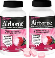 Airborne 1000mg Vitamin C + Zinc Immune Support Supplement Chewable Tablets Powerful Antioxidants Vitamins A C & E, 116 Chewable Tablets, Very Berry Flavor (2 Pack)