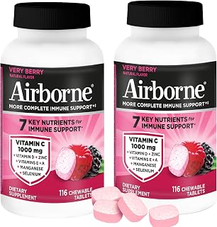 Airborne 1000mg Vitamin C + Zinc Immune Support Supplement Chewable Tablets Powerful Antioxidants Vitamins A C & E, 116 Chewable Tablets, Very Berry Flavor (2 Pack)