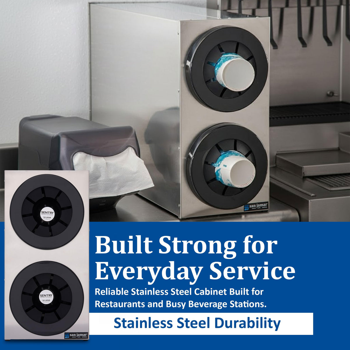 Sentry Cup Dispenser Cabinet with 2 Tiers for Restaurants by San Jamar – 2 Tiers, foam,Stainless Steel, Silver, Model C2852