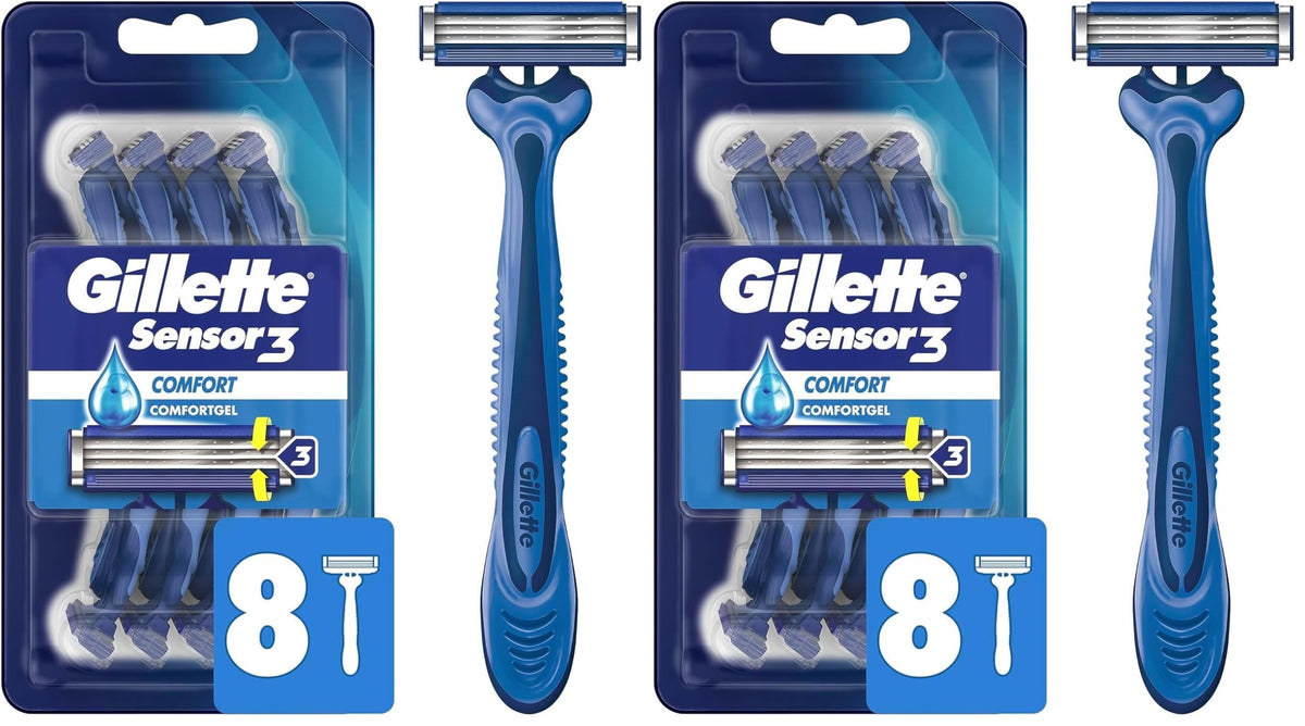 Gillette 8 Count (Pack of 2) / Sensor3 Comfort (8ct) / Blue Disposable Razors