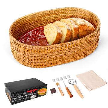RusicEss Bread Basket with Warming Stone, Terracotta, 12.7 x 8.2 x 3.7 Inch