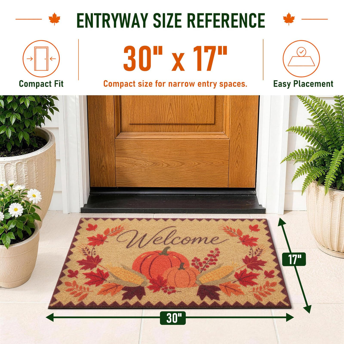 OLANLY Doormat, Low Profile Polyester Front Door Mat, Welcome Fall Pumpkin 30x17