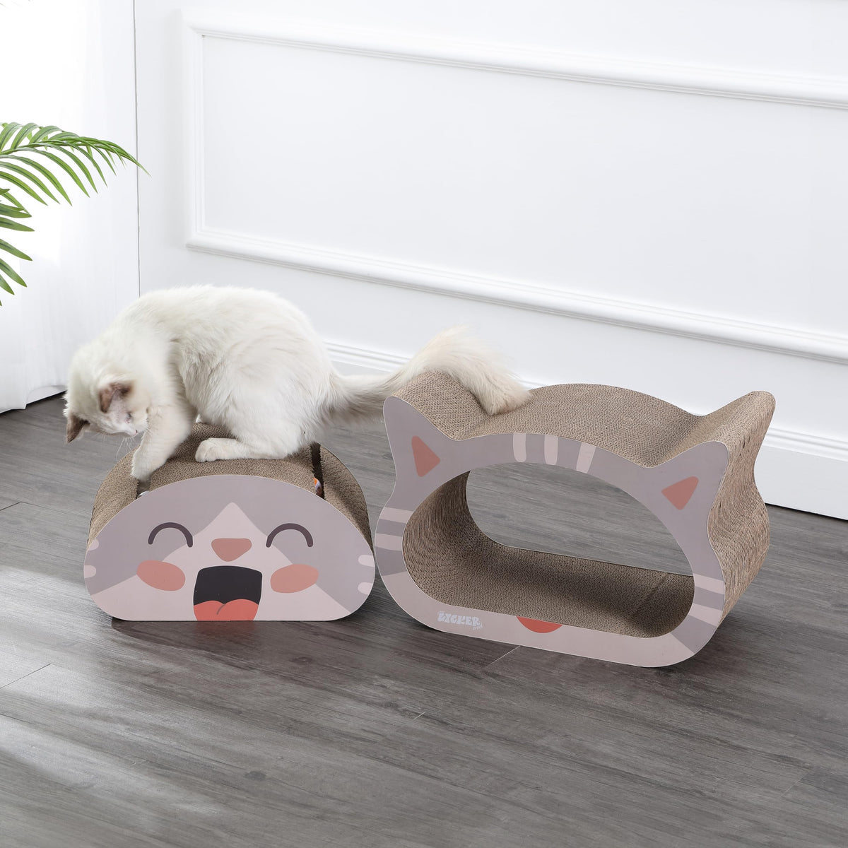 Opal 19" Modern Cardboard Happy Cat Head 2-in-1 Cat Cave Scratcher with Built-in Bell Toys and Catnip by THE LICKER STORE – 19", Cardboard, Muted Pink/Cream, Model CSR1000A