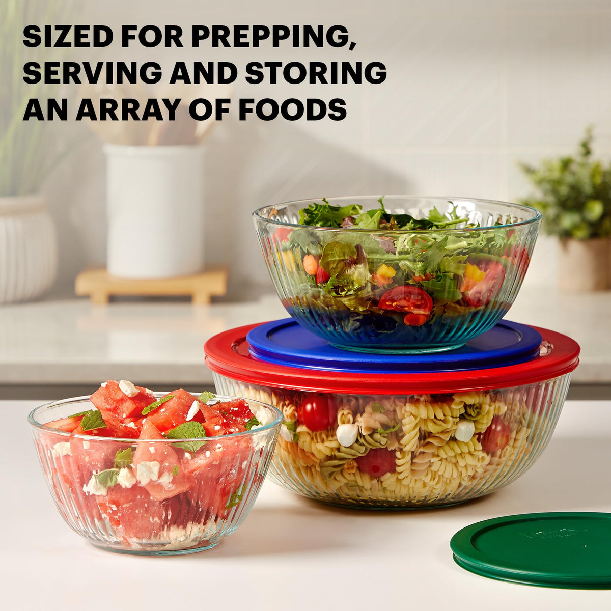 Pyrex Sculpted Glass Mixing Bowl Set, 6 Piece With Lids, Clear