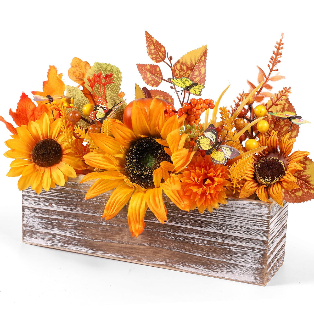 Dlerom Artificial Fall Arrangement, Wooden Crate Centerpiece, Orange