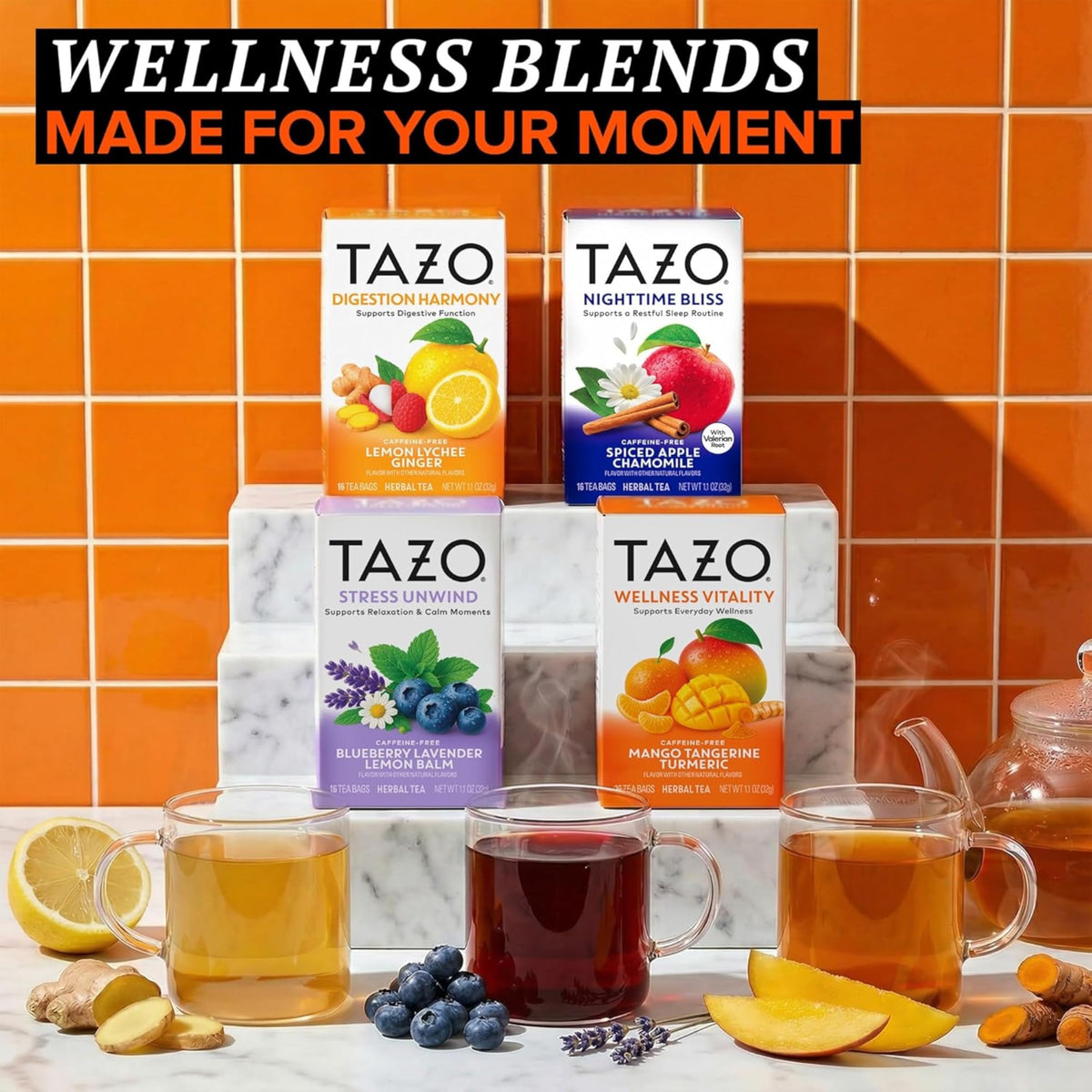 Wellness Vitality Herbal Tea Bags by TAZO – 32 Count, Pack of 2