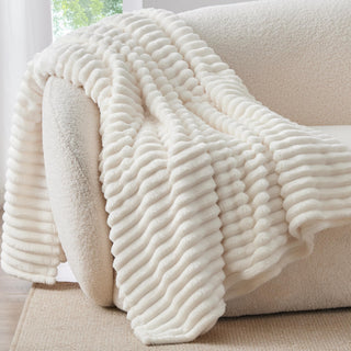 Bedelite Fleece Throw Blanket, Ribbed Texture, Cream Throw 50x60