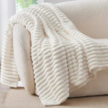 Bedelite Fleece Throw Blanket, Ribbed Texture, Cream Throw 50x60