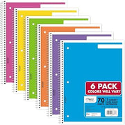 Mead Spiral Notebook, 1 Subject, Wide Ruled Paper, 8" x 10-1/2", 70 Sheets, Selected Colors Will Vary, 6 Pack (930267)