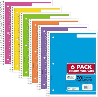 Mead Spiral Notebook, 1 Subject, Wide Ruled Paper, 8" x 10-1/2", 70 Sheets, Selected Colors Will Vary, 6 Pack (930267)