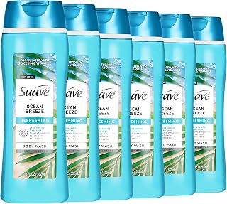 Suave Ocean Breeze Moisturizing Body Wash with Glycerin & Vitamin E, Hydrating Formula For Soft, Smooth Skin, Long Lasting Fragrance, 18 FL OZ, 6 Count