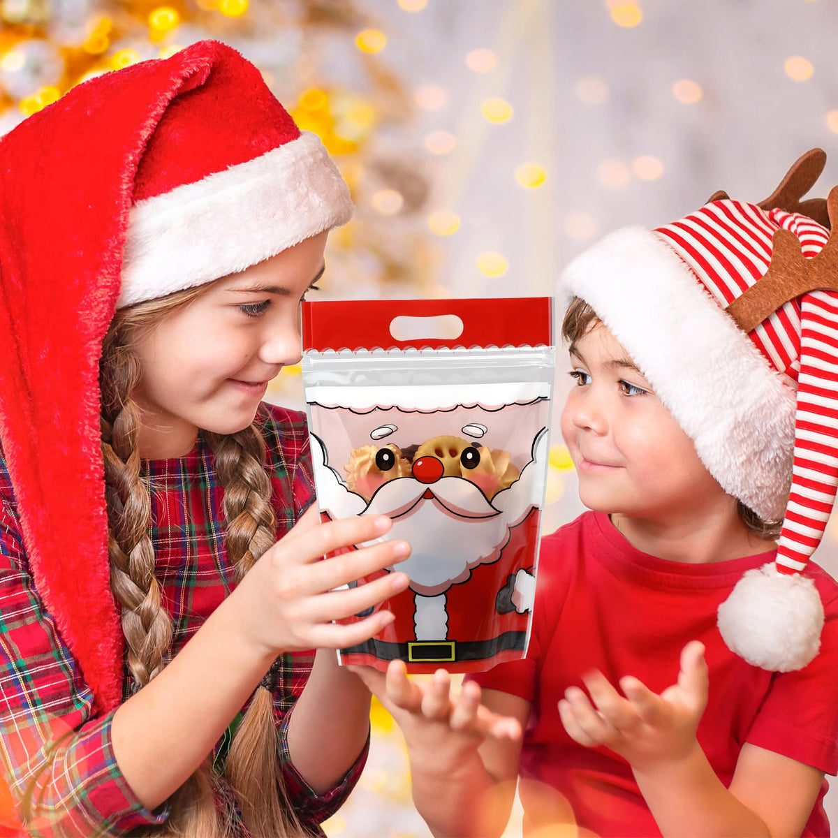 Epakh Christmas Zipper Bags, Resealable Treat Bags with Handles, Santa Claus, Pack of 100