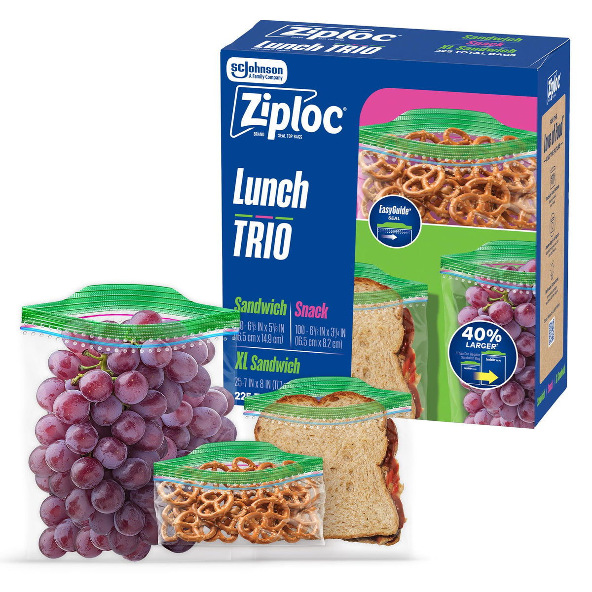 Lunch Trio Food Storage Bags Variety Pack by Ziploc – 7.75 inches x 2.969 inches x 6.875 inches, Plastic, Purple, Model 394537