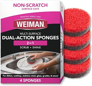 Weiman Multi-Surface Dual Action Sponges, Non-Scratch Scrub & Shine for Dishes, Cooktops, Stainless Steel, Glass, Granite, & More - Durable Kitchen Cleaning Sponges, 4 Sponges