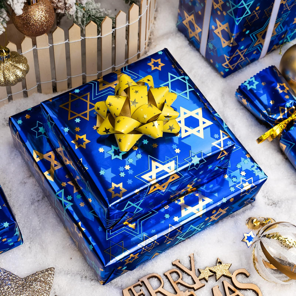 Maypluss Hanukkah Wrapping Paper, Metallic Foil Star of David, Navy Blue 17 Inch x 33 Feet