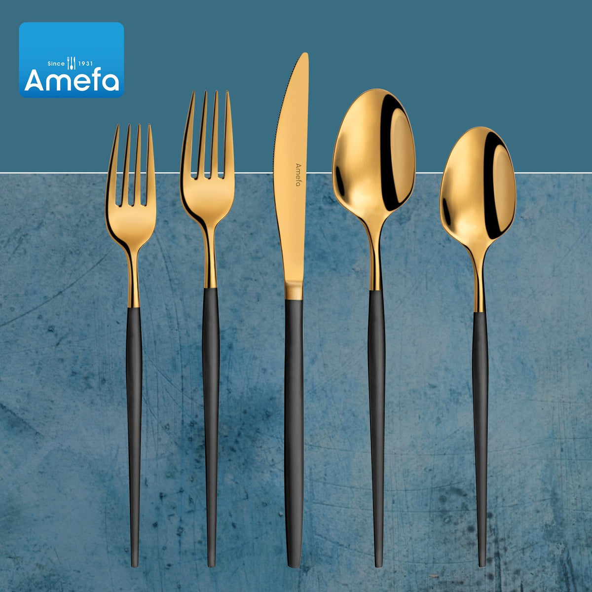 Soprano Flatware Set - Black & Gold by Amefa – 3.35" H x 9.84" L x 4.5" W, Stainless Steel, Black & Gold, Pack of 20, Model 1114DUMBUSC01