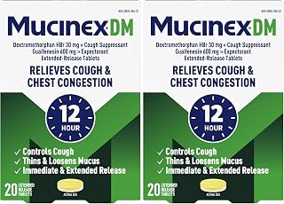 Mucinex DM 12Hr Chest Congestion & Cough Medicine for Adults, Cold and Cough Medicine for Excess Mucus Relief, 600 mg Guaifenesin & 30 mg Dextromethorphan HBr, 20 Bi-Layer Tablets (Pack of 2)