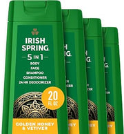 Irish Spring 5 in 1 Moisturizing Body Wash for Men, Shampoo, Conditioner, Body and Face Wash, and 24 Hour Deodorizer, Paraben-Free, Golden Honey & Vetiver Scent, 20 fl oz, 4 Pack