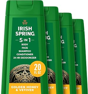 Irish Spring 5 in 1 Moisturizing Body Wash for Men, Shampoo, Conditioner, Body and Face Wash, and 24 Hour Deodorizer, Paraben-Free, Golden Honey & Vetiver Scent, 20 fl oz, 4 Pack