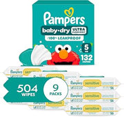 Diapers - Baby Dry - Size 5, 132 Count + Pampers Sensitive Baby Wipes, 504 Wipes Total (6X Flip-Top Packs) [Packaging May Vary]