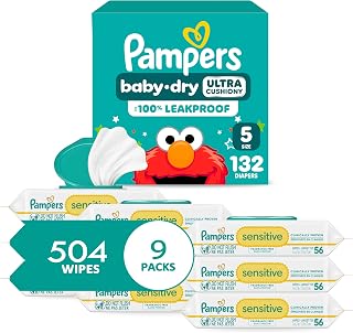 Diapers - Baby Dry - Size 5, 132 Count + Pampers Sensitive Baby Wipes, 504 Wipes Total (6X Flip-Top Packs) [Packaging May Vary]