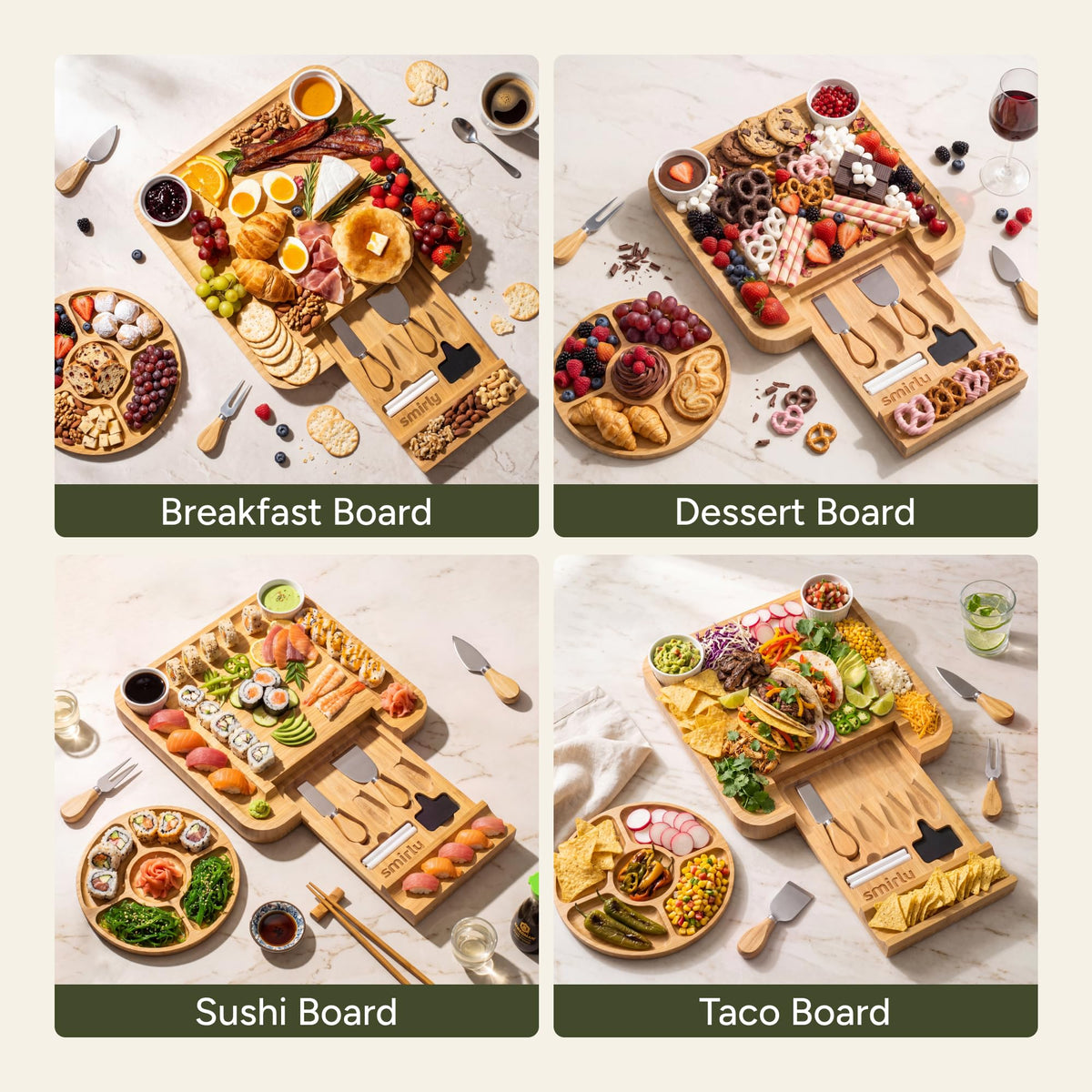 Smirly Charcuterie Board Set, Bamboo Wood, 13 x 13 Inch