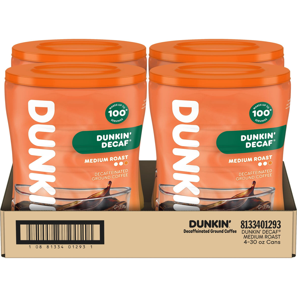 Dunkin’ Decaf Medium Roast Ground Coffee by Dunkin' – 30 Ounce (Pack of 4), Pack of 4, Model 881334012934
